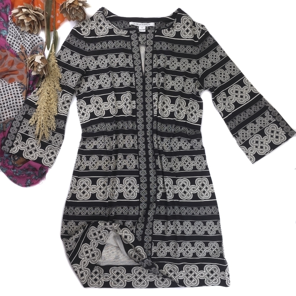 DVF Diane Von Furstenberg Black and Cream Patterned Poly Travel Dress Sz 12